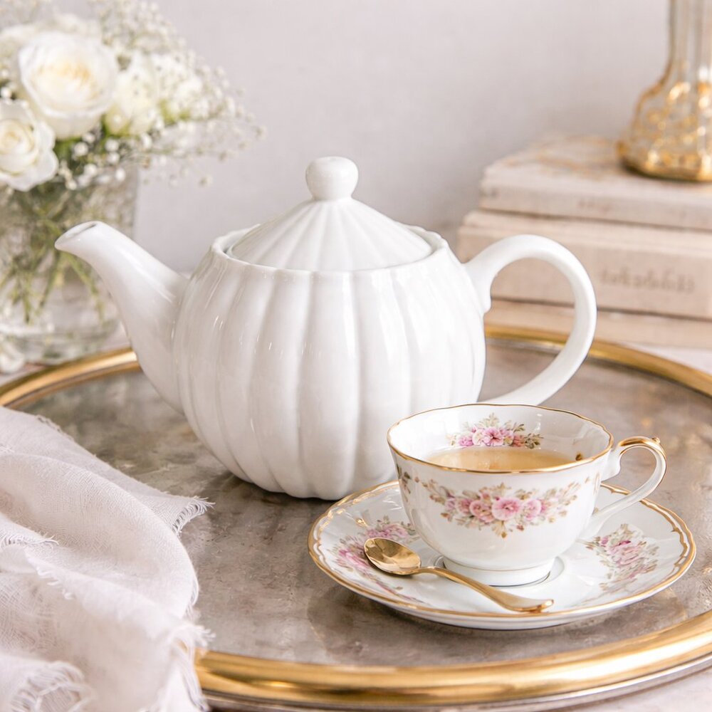 White Fluted Porcelain Teapot w/ Scalloped Rim | New Old Stock - Picture 1 of 8